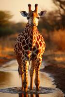 A giraffe forages on the savanna in Africa. AI generative photo