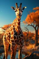 un jirafa por edades en el sabana en África. ai generativo foto