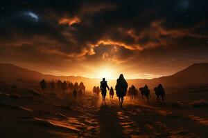 Camel procession in desert wonder, walking on rolling sand dunes, star trail photography. AI generative photo