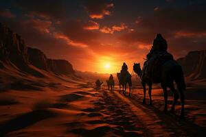 Camel procession in desert wonder, walking on rolling sand dunes, star trail photography. AI generative photo