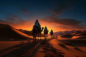 Camel procession in desert wonder, walking on rolling sand dunes, star trail photography. AI generative photo