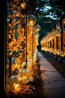 beautiful path full of colorful transparent lanterns. AI generative photo