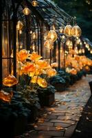 beautiful path full of colorful transparent lanterns. AI generative photo