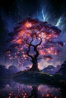 A tree in front of a starry sky with purple data streams rising. AI generative photo