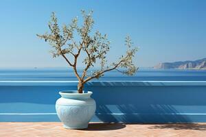 Blue planter near the doorway beside overlooking the sea. AI generative photo