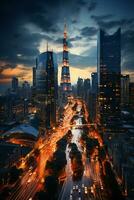 un bullicioso paisaje urbano con imponente rascacielos ai generativo foto