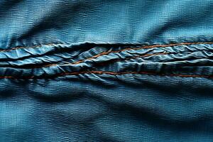 Blue denim background with a seam. Light blue color denim jeans fabric texture. Copy space for text. AI generative photo