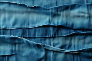 Blue denim background with a seam. Light blue color denim jeans fabric texture. Copy space for text. AI generative photo