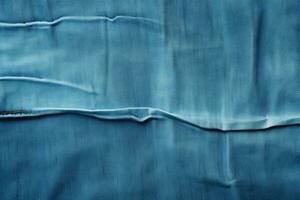 Blue denim background with a seam. Light blue color denim jeans fabric texture. Copy space for text. AI generative photo