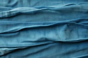 Blue denim background with a seam. Light blue color denim jeans fabric texture. Copy space for text. AI generative photo