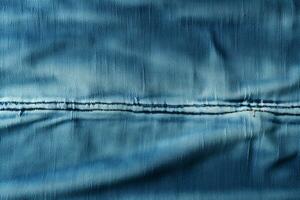 Blue denim background with a seam. Light blue color denim jeans fabric texture. Copy space for text. AI generative photo