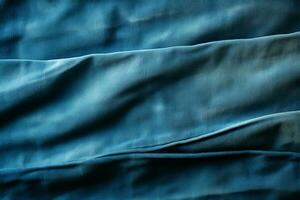 Blue denim background with a seam. Light blue color denim jeans fabric texture. Copy space for text. AI generative photo