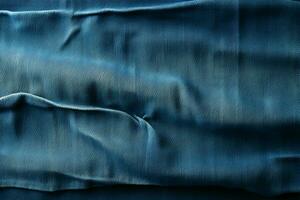 Blue denim background with a seam. Light blue color denim jeans fabric texture. Copy space for text. AI generative photo