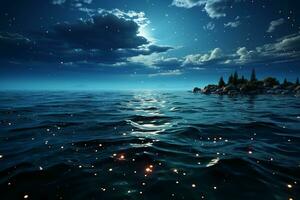 realista imagen ese capturas el elegante encanto de un brillante Luna suspendido bajo terminado un tranquilo azul mar. ai generativo foto