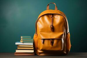 Full school backpack with books isolated on blue background with copy space. AI generative photo