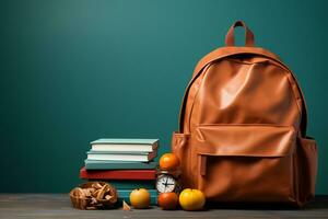 Full school backpack with books isolated on blue background with copy space. AI generative photo