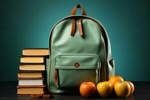 Full school backpack with books isolated on blue background with copy space. AI generative photo