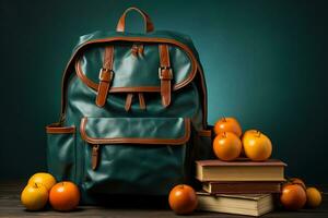 Full school backpack with books isolated on blue background with copy space. AI generative photo