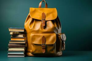 Full school backpack with books isolated on blue background with copy space. AI generative photo