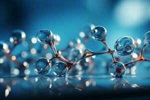 Horizontal banner with model of abstract molecular structure. Background of blue color with glass atom model. AI generative photo