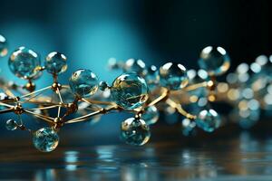 Horizontal banner with model of abstract molecular structure. Background of blue color with glass atom model. AI generative photo