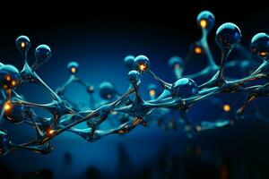 Horizontal banner with model of abstract molecular structure. Background of blue color with glass atom model. AI generative photo