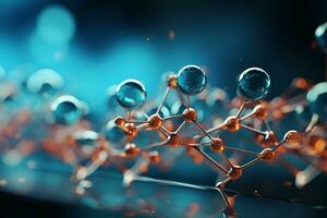 Horizontal banner with model of abstract molecular structure. Background of blue color with glass atom model. AI generative photo