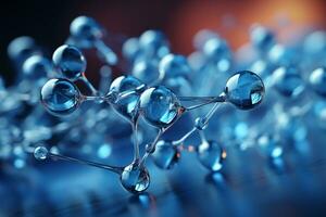 Horizontal banner with model of abstract molecular structure. Background of blue color with glass atom model. AI generative photo