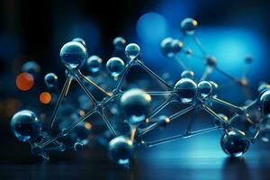 Horizontal banner with model of abstract molecular structure. Background of blue color with glass atom model. AI generative photo