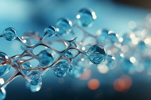 Horizontal banner with model of abstract molecular structure. Background of blue color with glass atom model. AI generative photo
