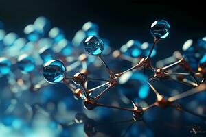 Horizontal banner with model of abstract molecular structure. Background of blue color with glass atom model. AI generative photo