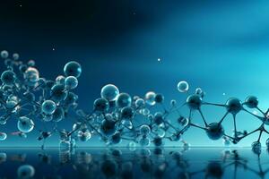 Horizontal banner with model of abstract molecular structure. Background of blue color with glass atom model. AI generative photo