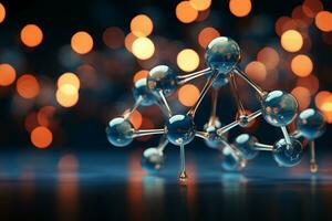 Horizontal banner with model of abstract molecular structure. Background of blue color with glass atom model. AI generative photo