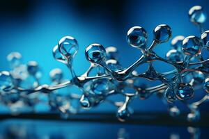 Horizontal banner with model of abstract molecular structure. Background of blue color with glass atom model. AI generative photo