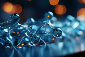 Horizontal banner with model of abstract molecular structure. Background of blue color with glass atom model. AI generative photo