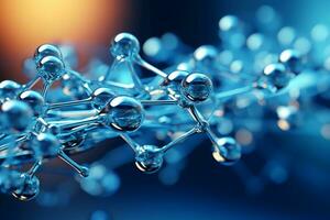 Horizontal banner with model of abstract molecular structure. Background of blue color with glass atom model. AI generative photo