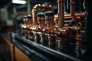 Plumbing service. copper pipeline of a heating system in boiler room. AI generative photo