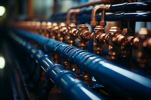 Plumbing service. copper pipeline of a heating system in boiler room. AI generative photo