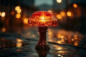 advertencia lámpara en el calle a noche. rojo alerta lámpara o advertencia indicador. ai generativo foto