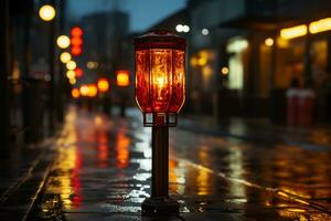 Warning lamp in the street at night. Red alert lamp or warning indicator. AI generative photo