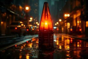 Warning lamp in the street at night. Red alert lamp or warning indicator. AI generative photo