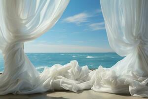 Blurred clear sky, clouds, and sea seen through the white curtains of the wind. AI generative photo