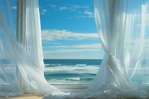 Blurred clear sky, clouds, and sea seen through the white curtains of the wind. AI generative photo