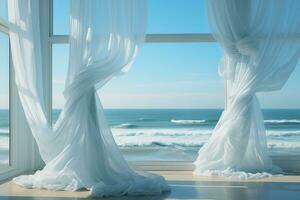 Blurred clear sky, clouds, and sea seen through the white curtains of the wind. AI generative photo
