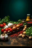 Frying onions, pepper, garlic, and ketchup on old green board, in the style of minimalist backgrounds. AI generative photo