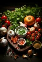fritura cebollas, pimienta, ajo, y salsa de tomate en antiguo verde junta, en el estilo de minimalista antecedentes. ai generativo foto