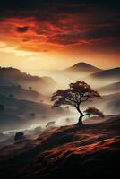 A lone tree sitting on top of a hill. AI generative photo