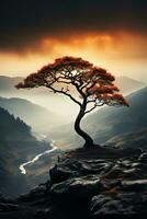 A lone tree sitting on top of a hill. AI generative photo