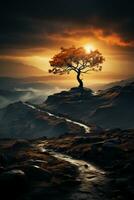 A lone tree sitting on top of a hill. AI generative photo