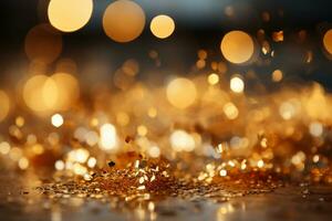 Out of focus background, bokeh, gold color, sparking blight. AI generative photo